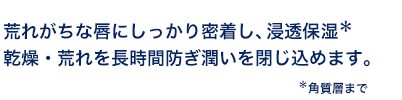 荒れがちな唇にしっかり密着し、浸透保湿　乾燥・荒れを長時間防ぎ潤いを閉じ込めます。