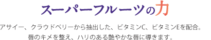 スーパーフルーツの力　アサイー、クラウドベリーから抽出した、ビタミンC、ビタミンEを配合。唇のキメを整え、ハリのある艶やかな唇に導きます。